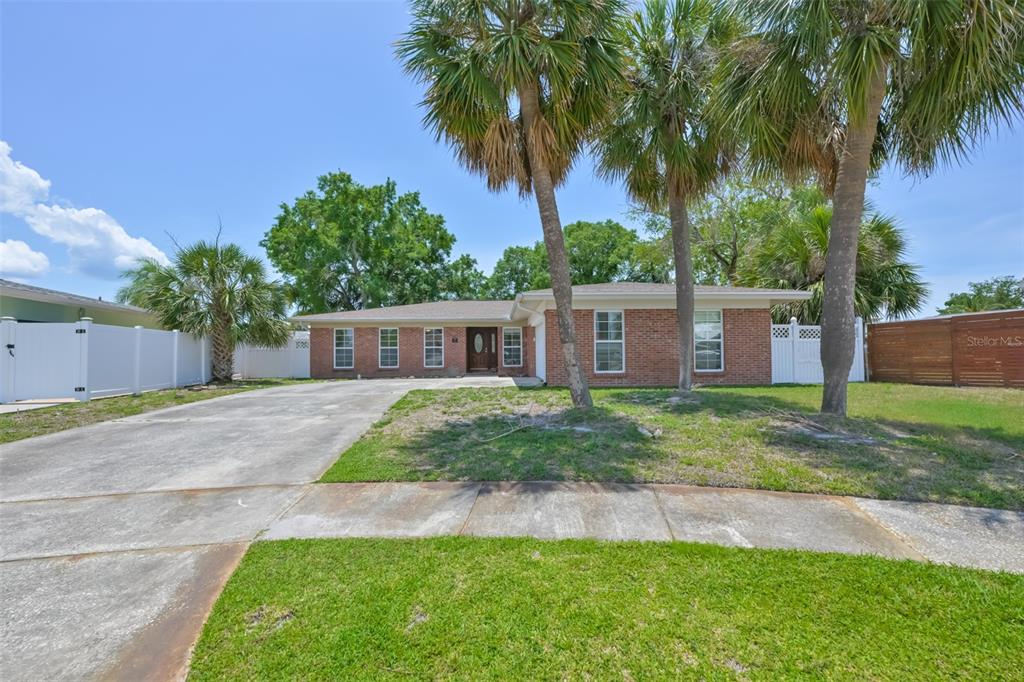 A single-story brick house features a concrete driveway, palm trees, and white vinyl fencing — 8410 LAVA PLACE, TAMPA, FL