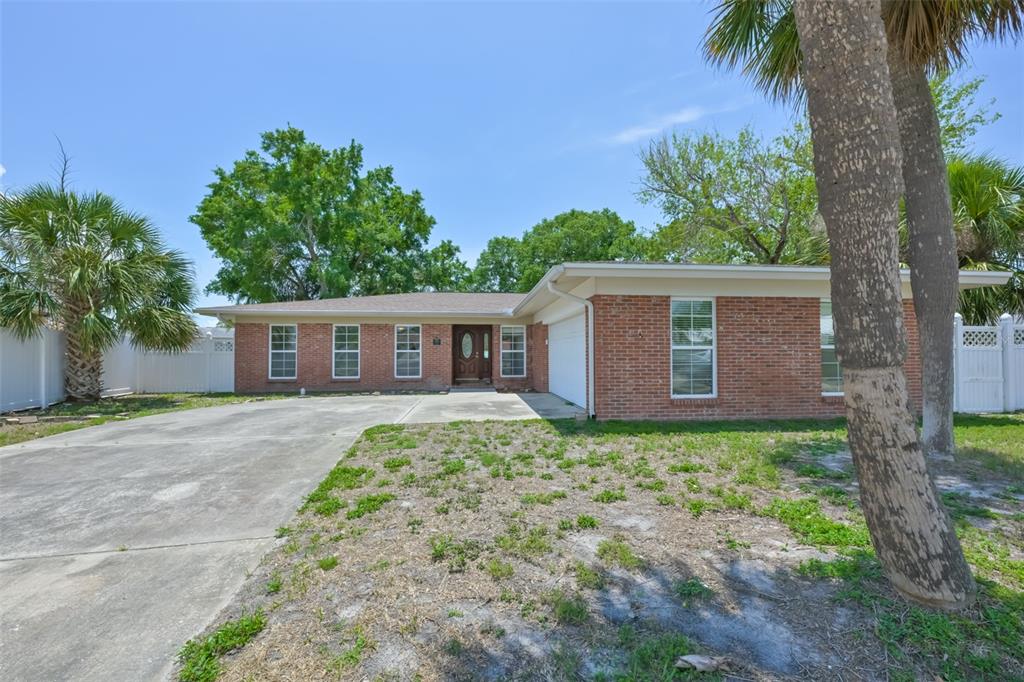 A single-story brick house features a concrete driveway, a front entrance, and palm trees — 8410 LAVA PLACE, TAMPA, FL