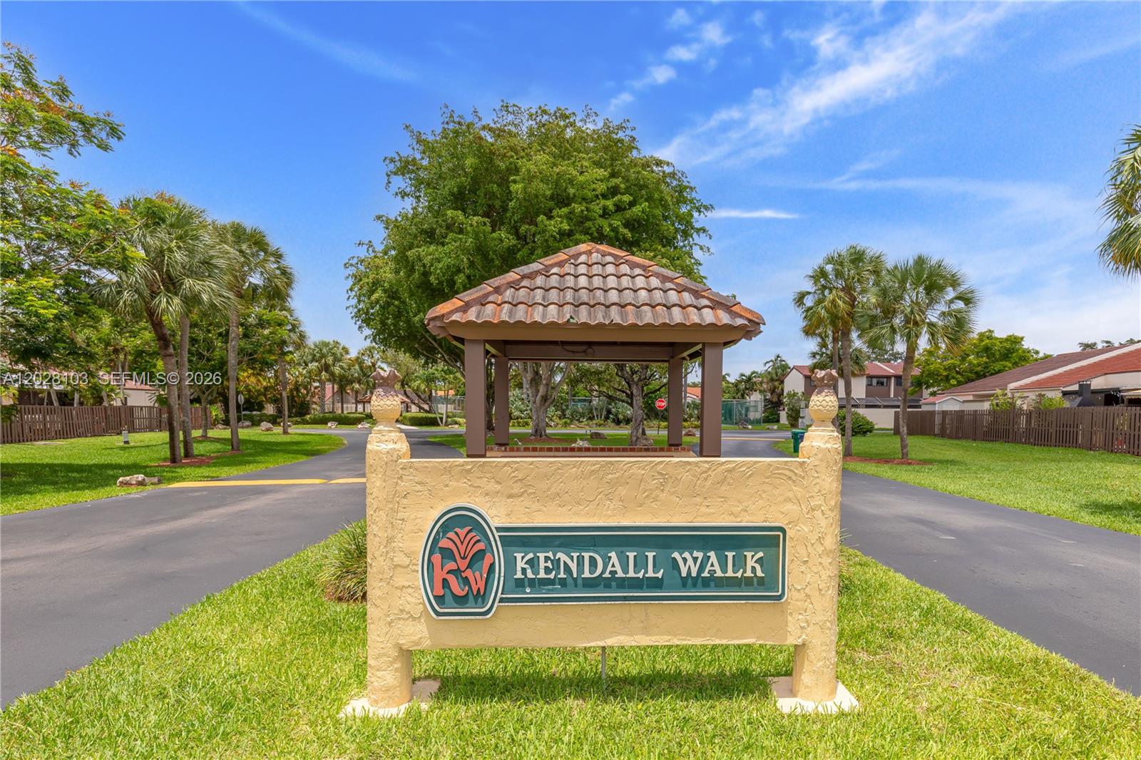 A sign for Kendall Walk stands in front of a gazebo and paved driveway — 9055 SW 149th Pl, Miami FL 33196, MIAMI, FL