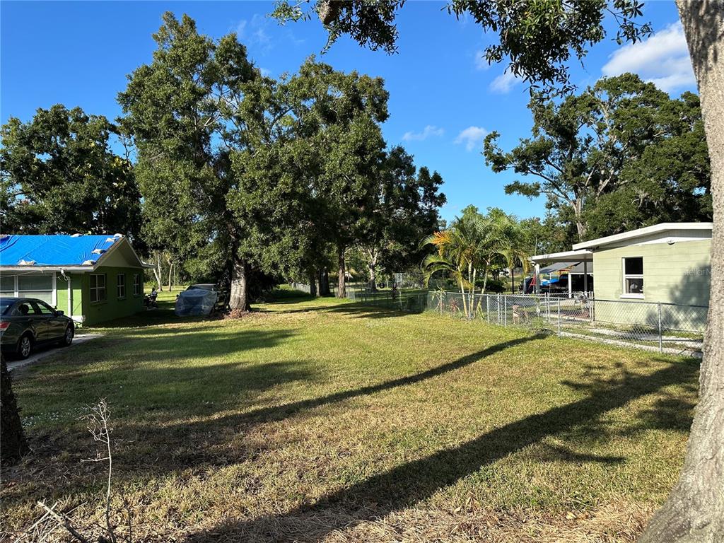 A grassy yard sits between two houses with a chain-link fence and large trees — 302 12TH STREET W, PALMETTO, FL