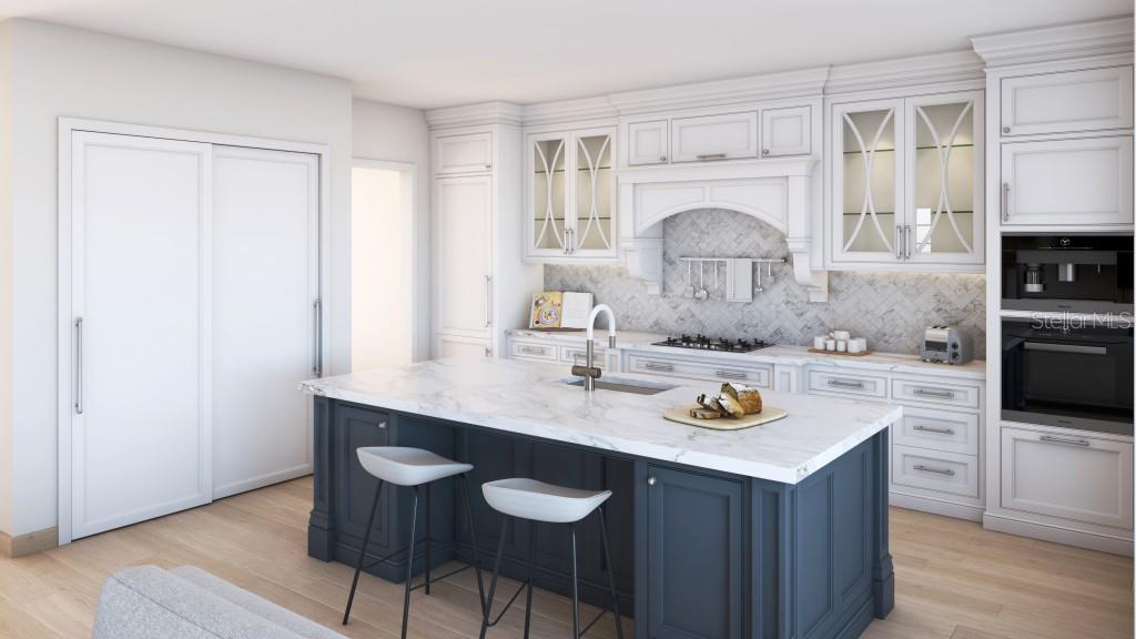 This is a rendering of a kitchen with a dark blue island and white cabinetry — 7932 2ND AVENUE S, ST PETERSBURG, FL