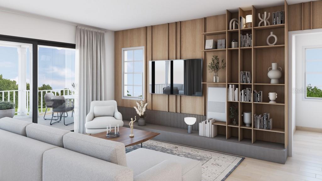 This rendering shows a living room with wood-paneled walls, built-in shelving, and a balcony view — 7932 2ND AVENUE S, ST PETERSBURG, FL