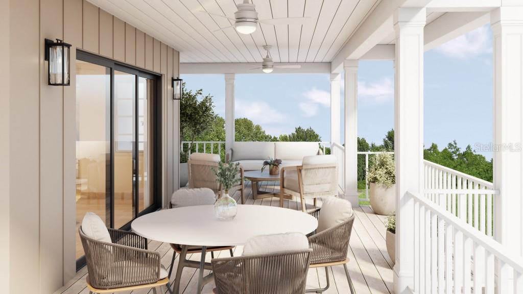 This rendering shows a covered outdoor deck furnished with a dining table and lounge seating — 7932 2ND AVENUE S, ST PETERSBURG, FL