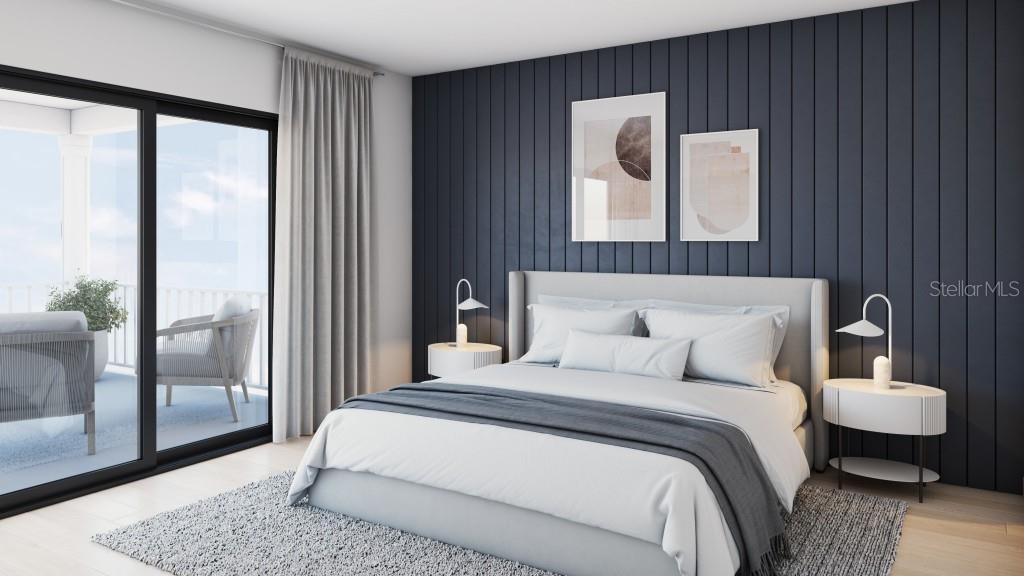 This is a rendering of a bedroom with a dark blue paneled accent wall — 7932 2ND AVENUE S, ST PETERSBURG, FL