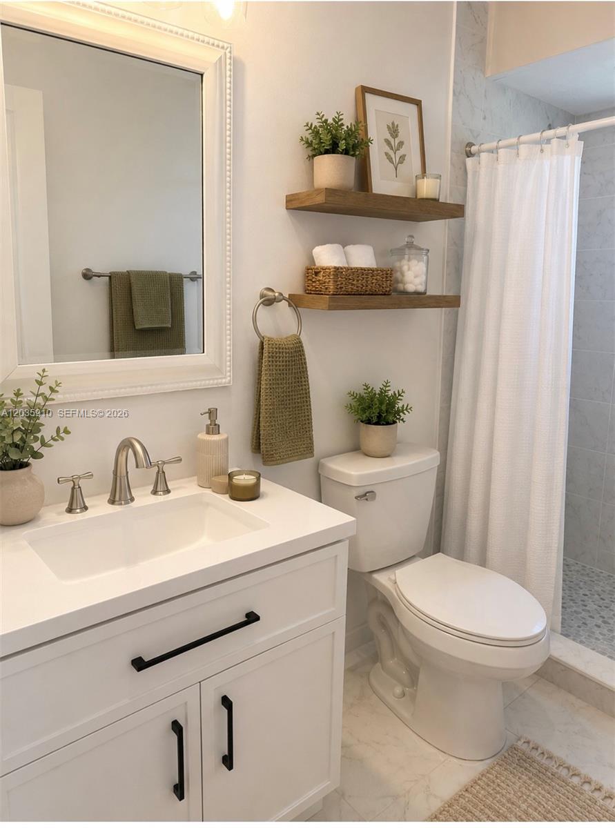A bathroom features a white vanity, a toilet, open wood shelving, and a shower curtain — 356 SW 2nd Pl # 3, Pompano Beach FL 33060, POMPANO BEACH, FL