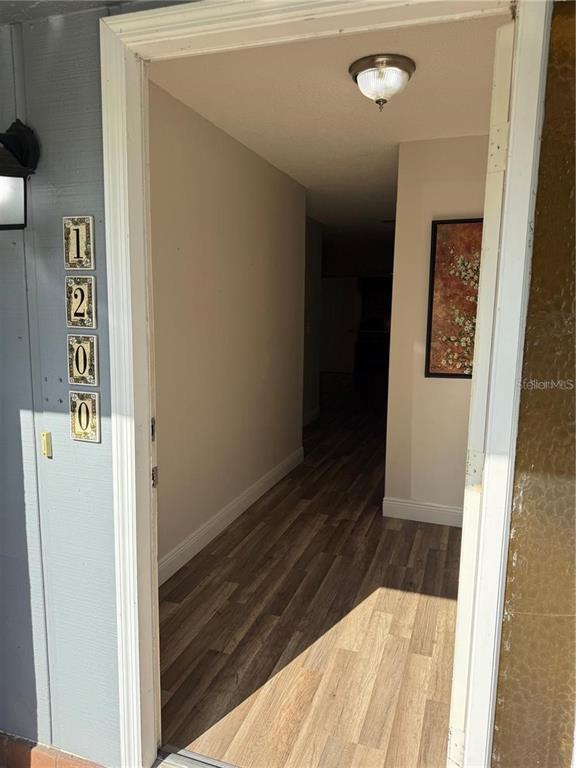 A view through an open doorway shows a hallway with wood-look flooring and a light fixture — 1200 ABBEY CRESCENT LANE, CLEARWATER, FL
