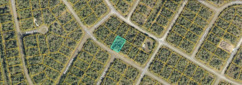 An aerial map view shows a vacant, rectangular lot highlighted in a residential neighborhood — FIREBIRD ROAD, NORTH PORT, FL