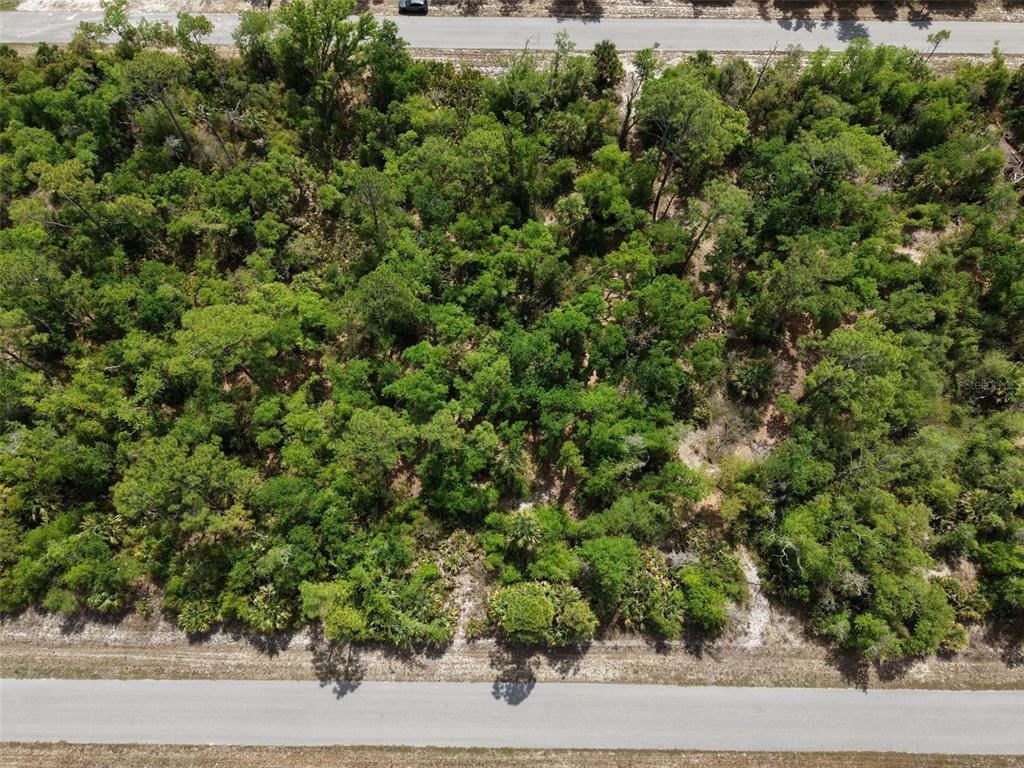 An aerial view shows a rectangular, wooded vacant lot situated between two paved roads — 1249 CHRIS TERRACE, PORT CHARLOTTE, FL