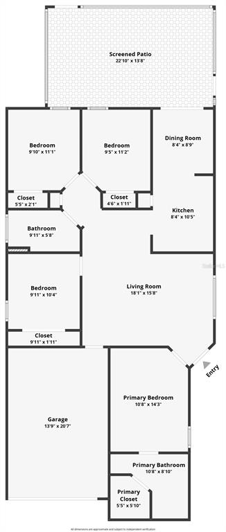 This is a floor plan for a single-story home with a garage and screened patio — 7456 OXFORD GARDEN CIRCLE, APOLLO BEACH, FL