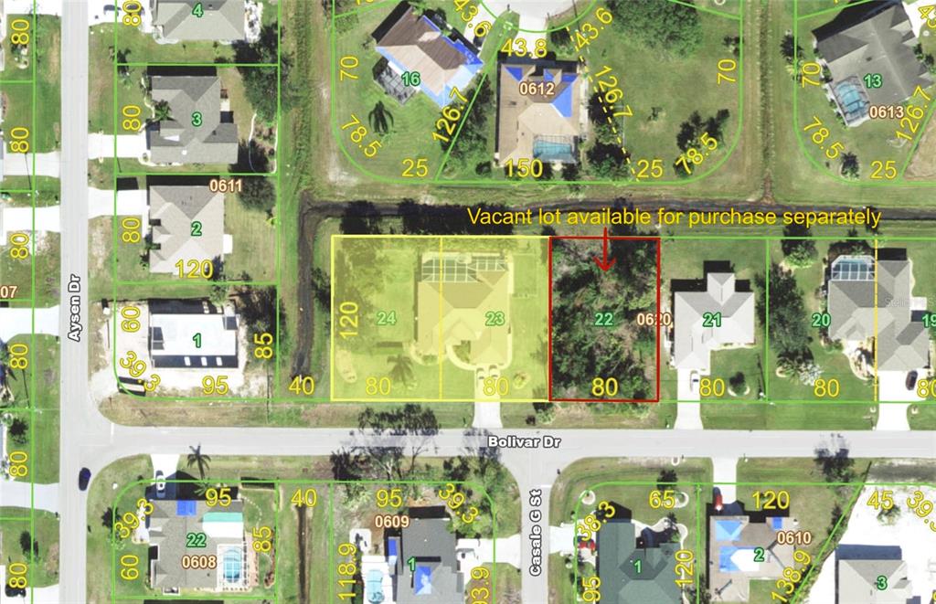 This is a property map showing residential lots and street layouts — 25042 BOLIVAR DRIVE, PUNTA GORDA, FL