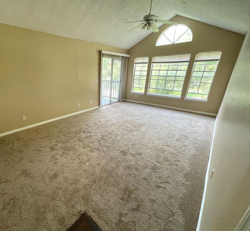 An empty living room features beige carpet, vaulted ceilings, a ceiling fan, and large windows — 1091 S HIAWASSEE ROAD UNIT 234, ORLANDO, FL