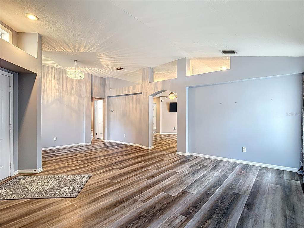 An empty living room features light gray walls, wood-look flooring, and high vaulted ceilings — 2631 GREEN VALLEY STREET, VALRICO, FL