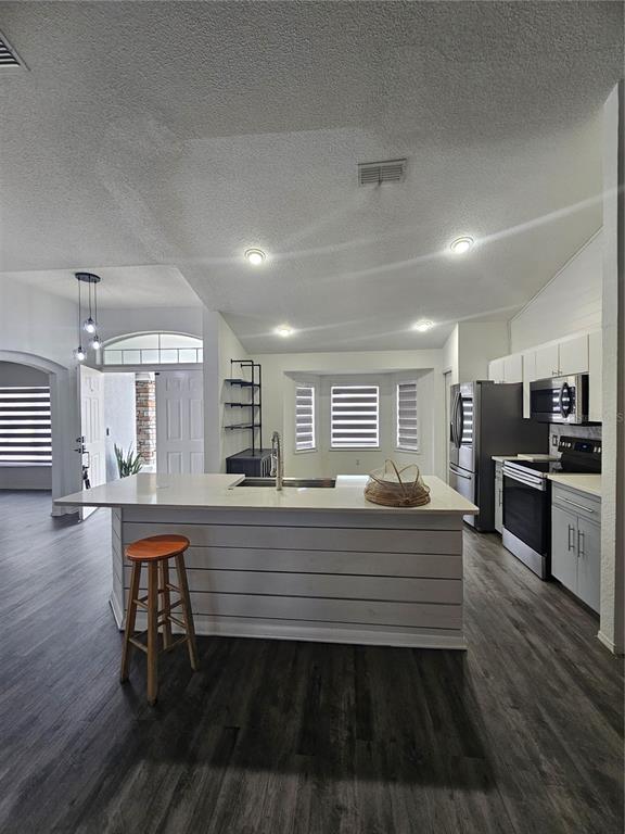 A kitchen features a white shiplap island, stainless steel appliances, and dark wood-look flooring — 3419 PATTERSON HEIGHTS DRIVE, HAINES CITY, FL