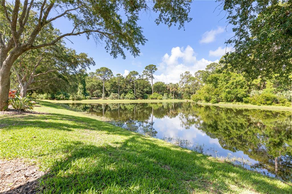 A grassy lawn slopes down to a calm pond surrounded by lush green trees — 15 TANGLEWOOD COURT, PALM COAST, FL