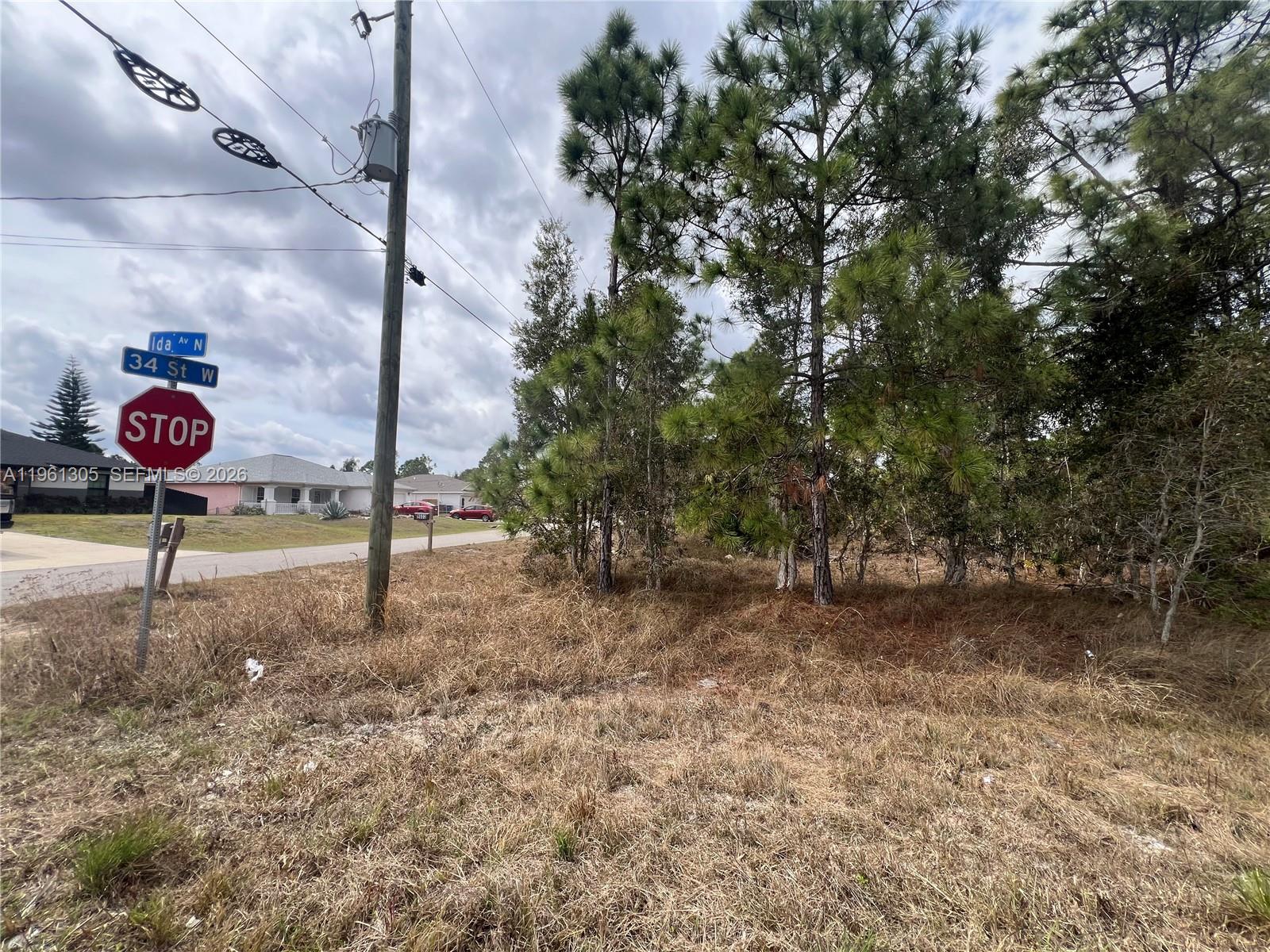 A stop sign and street signs stand near a wooded lot under a cloudy sky — 3400 Irma Ave N, Lehigh Acres FL 33971, LEHIGH ACRES, FL