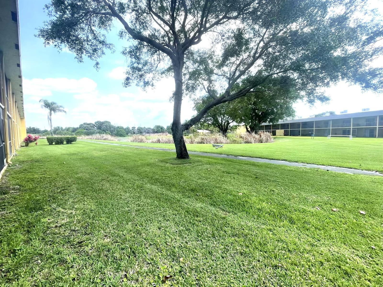 A grassy lawn with a large tree sits between two apartment buildings under a sky — 1811 Meadows Circle W, Boynton Beach FL 33436, BOYNTON BEACH, FL