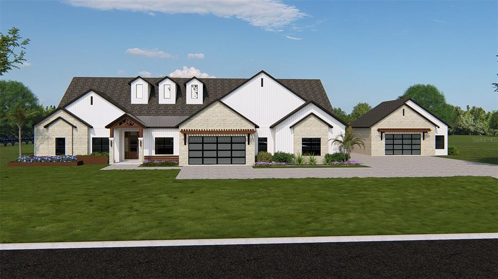 This is a digital rendering of a modern farmhouse with stone accents and two garages — 4363 ROYAL SKY (LOT 1) COURT, BROOKSVILLE, FL