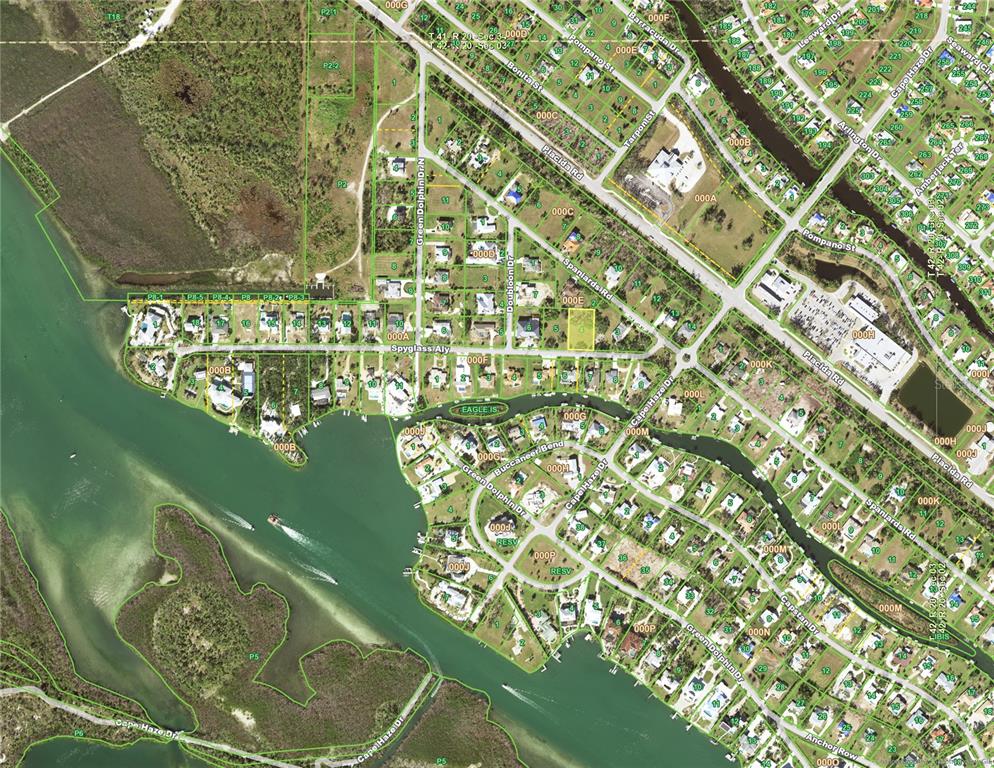 This is an aerial map showing residential lots, streets, and waterways in a coastal area — 170 SPYGLASS ALLEY, PLACIDA, FL