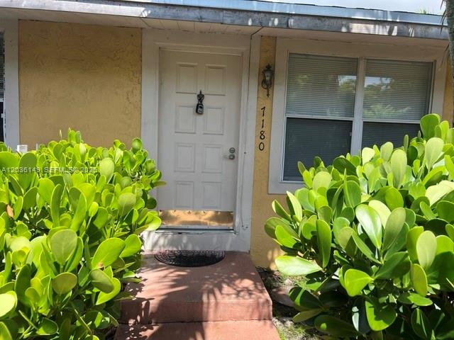 A white front door with a lockbox is flanked by two large green bushes — TAMARAC, FL