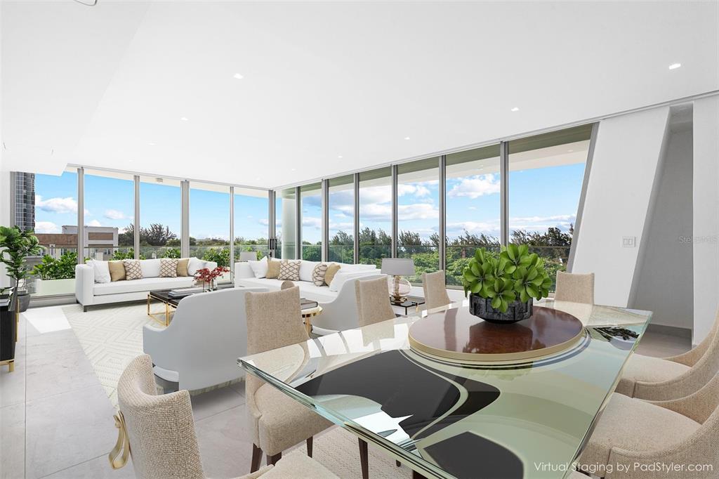 This is a virtual staging rendering of a modern, open-concept living and dining room — 540 DE LA CONSTITUCION AVENUE UNIT 701, SAN JUAN, PR