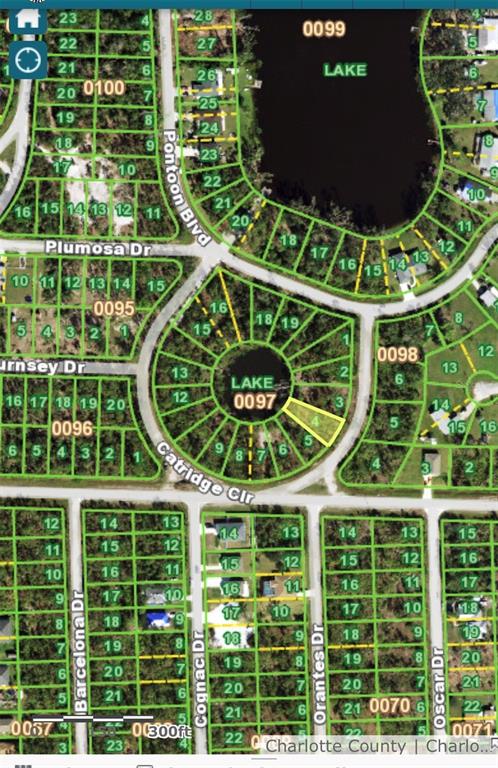 This is a map showing residential land parcels surrounding two lakes in a suburban neighborhood — 12259 CATRIDGE CIRCLE, PUNTA GORDA, FL