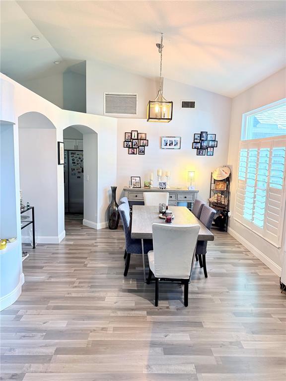 A dining room features a wooden table, upholstered chairs, a pendant light, and wood-look flooring — 1808 POWDER RIDGE DRIVE, VALRICO, FL