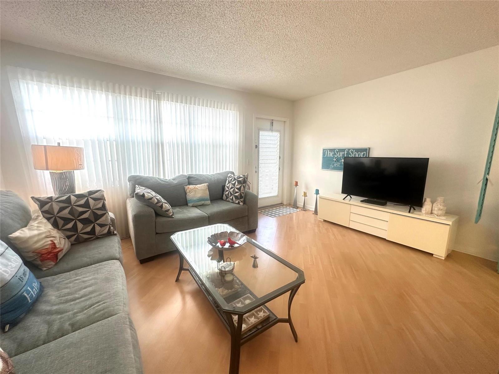 A living room features light wood flooring, a grey sofa, and a television on a console — 2004 Harwood C # 2004, Deerfield Beach FL 33442, DEERFIELD BEACH, FL