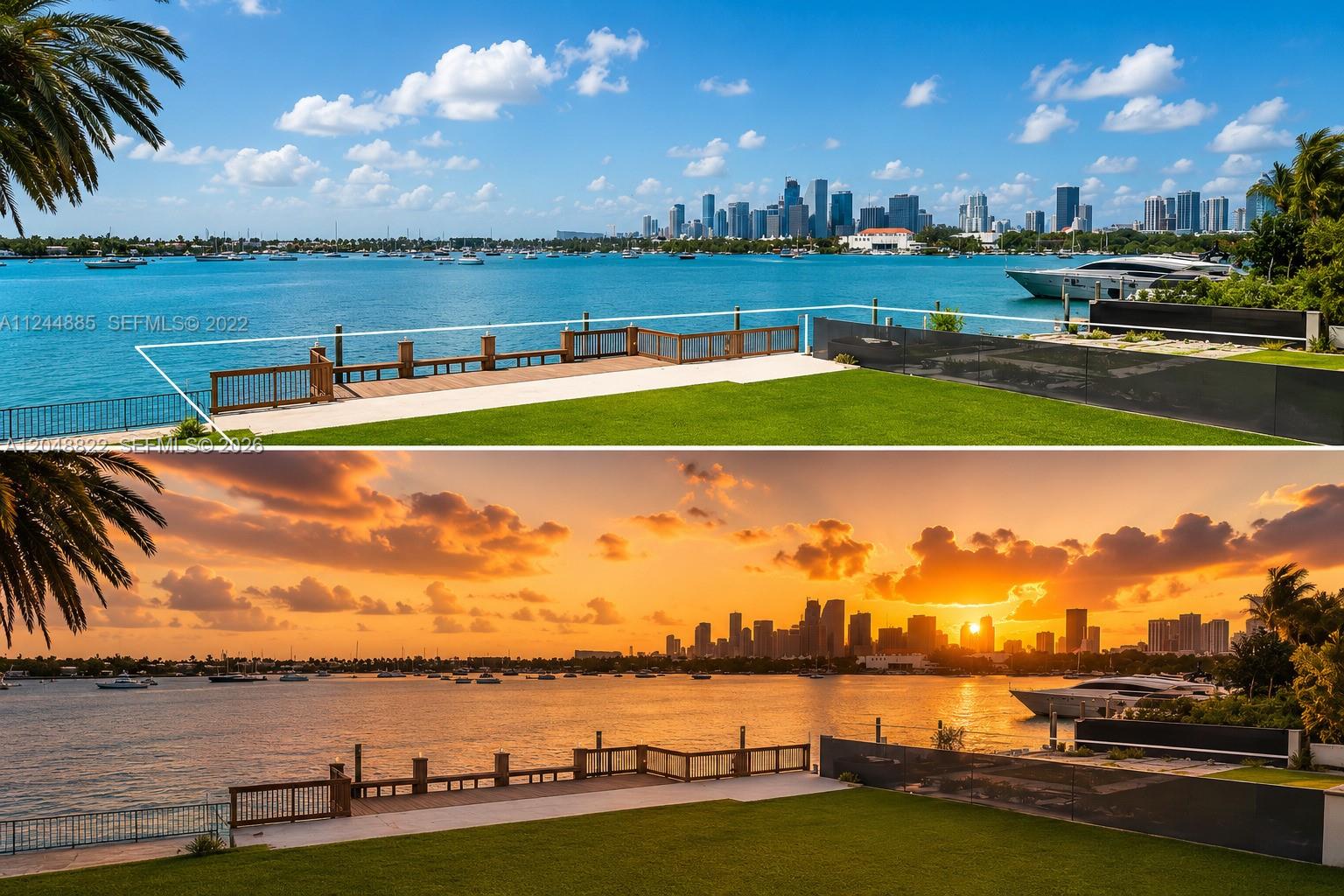 A waterfront backyard with a wooden deck, green lawn, and a view of the city skyline — 1330 S Venetian Way, Miami FL 33139, MIAMI, FL