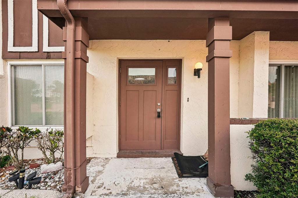 The exterior view shows a brown front door with a sidelight under a covered porch — 1329 NEW BEDFORD DRIVE, SUN CITY CENTER, FL