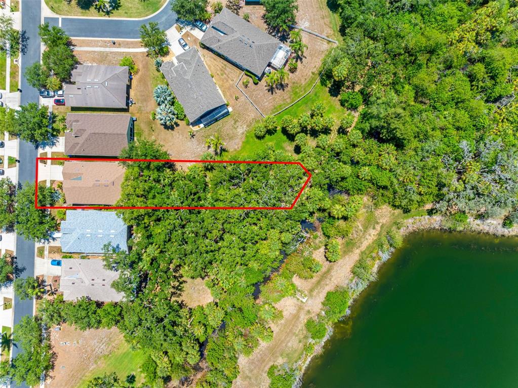 An aerial view shows a residential house with a large, wooded backyard bordering a pond — 5335 CLOVER MIST DRIVE, APOLLO BEACH, FL
