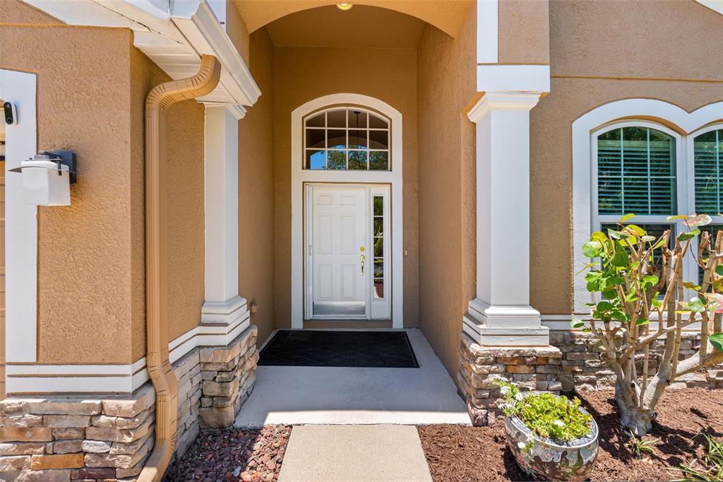 The front entrance features a white door with a transom window and stone-based columns — 5335 CLOVER MIST DRIVE, APOLLO BEACH, FL