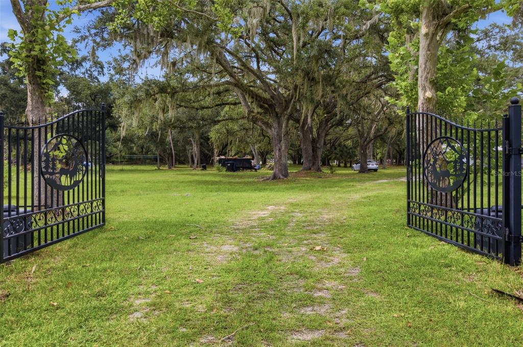 An open black metal gate leads to a grassy yard with large oak trees — 18127 CEDARHURST ROAD, ORLANDO, FL