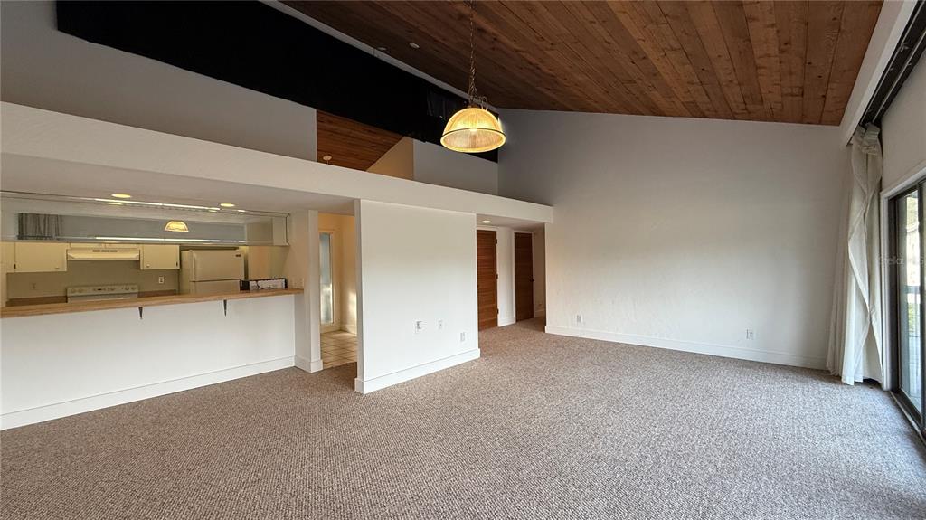 A living room with beige carpet, a wood-paneled vaulted ceiling, and an open kitchen pass-through — 176 PALM VIEW COURT UNIT 3475/6, HAINES CITY, FL