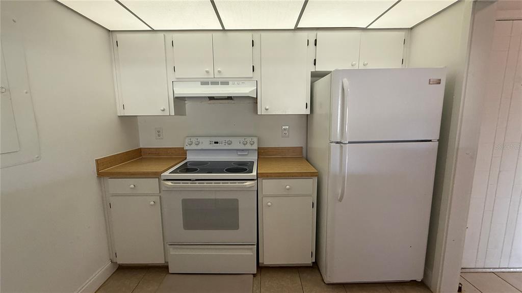 A kitchen features white cabinets, a white stove, a white refrigerator, and wood-look countertops — 176 PALM VIEW COURT UNIT 3475/6, HAINES CITY, FL
