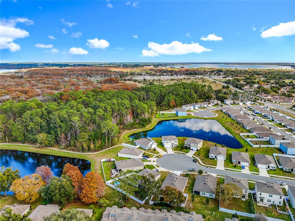 An aerial view shows a suburban neighborhood with houses surrounding a small retention pond — 2928 CANARY LANE, TAVARES, FL