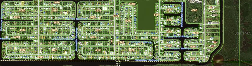 This is a map showing a residential neighborhood with houses arranged along various waterways — 18286 VAN NUYS CIRCLE, PORT CHARLOTTE, FL