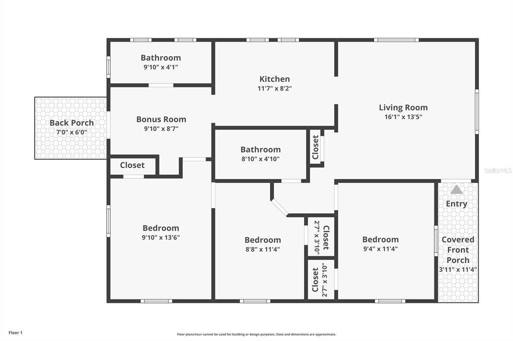 This is a floor plan showing the layout of a house with three bedrooms and two bathrooms — 2201 DOLARWAY STREET, SANFORD, FL