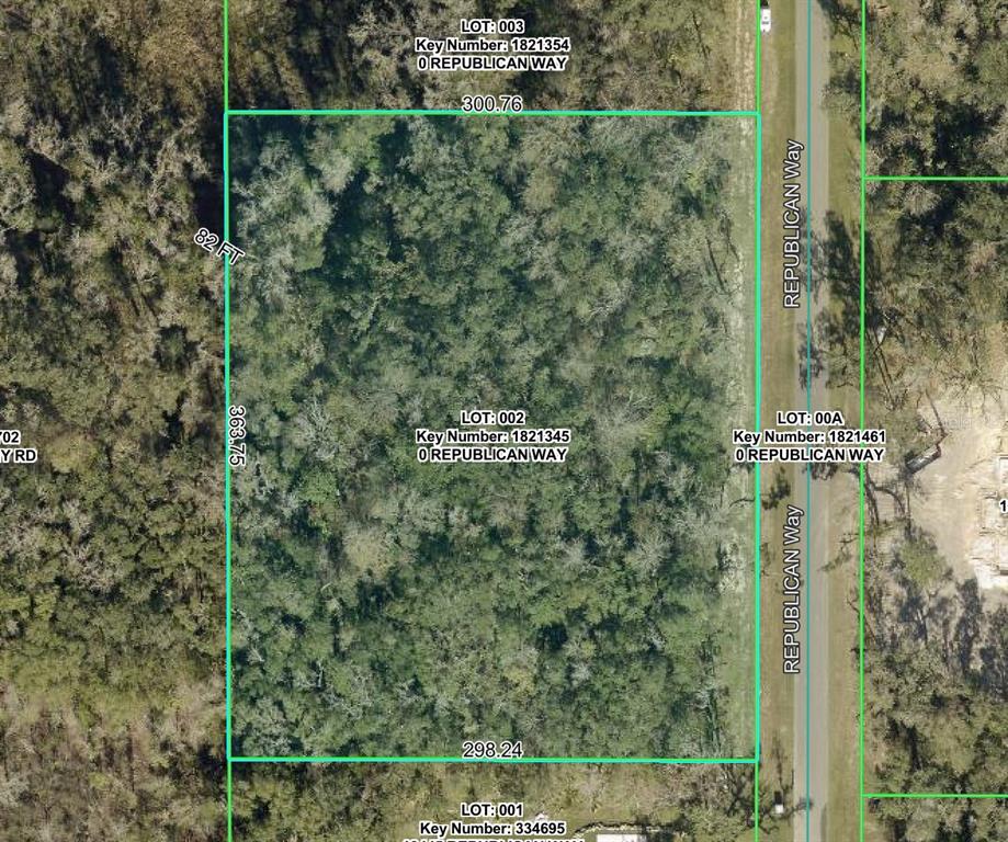 This is an aerial map showing a rectangular plot of land labeled Lot 002 — REPUBLICAN (LOT 2) WAY, BROOKSVILLE, FL