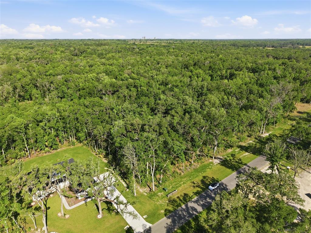 An aerial view shows a wooded lot adjacent to a paved road and a house — REPUBLICAN (LOT 2) WAY, BROOKSVILLE, FL