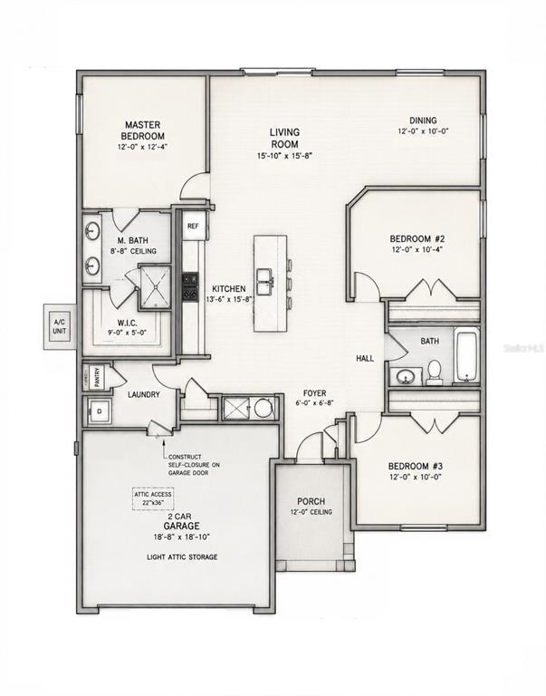 This floor plan shows a three-bedroom, two-bath home with an open kitchen, living, and dining area — 995 9TH AVENUE, DELAND, FL