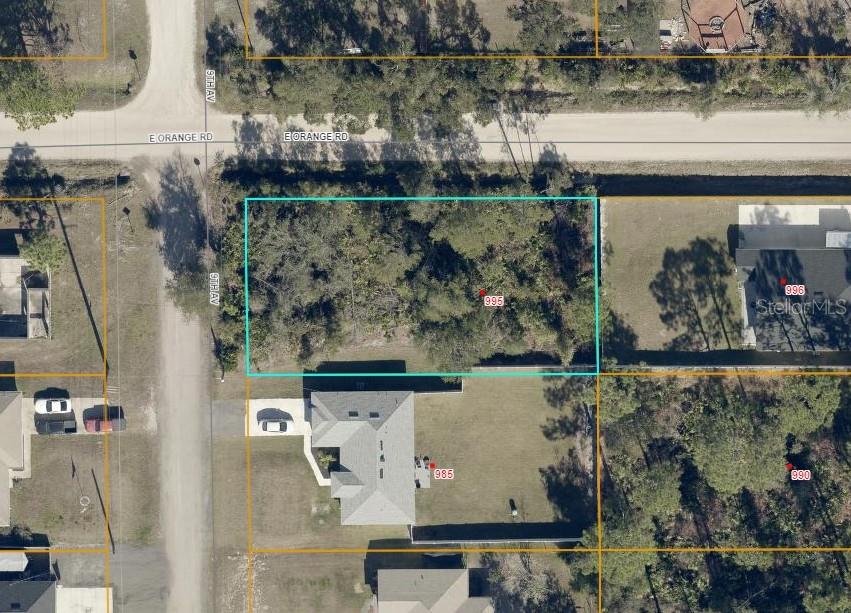 This aerial map shows a vacant, wooded rectangular lot outlined in blue near a road — 995 9TH AVENUE, DELAND, FL
