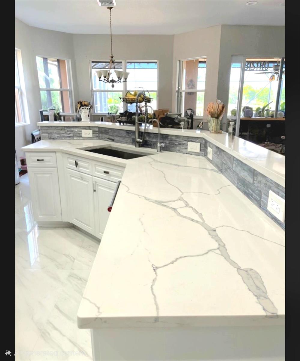A modern kitchen features white cabinets, stainless steel appliances, a curved island, and marble-look flooring — 10334 Medicis Place, Wellington FL 33449, WELLINGTON, FL