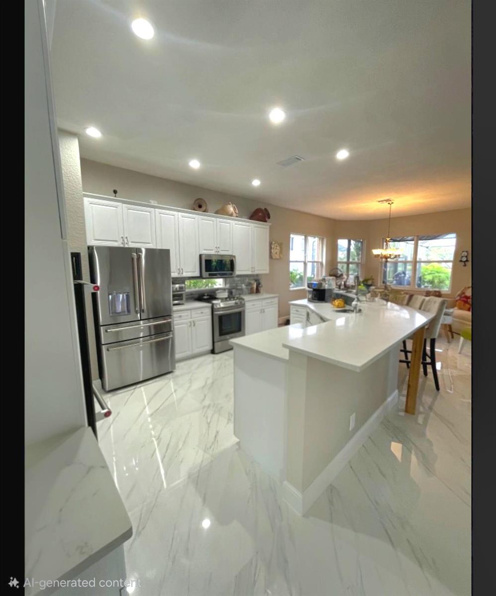 This kitchen features white cabinetry, a peninsula with bar seating, and light-colored tile flooring — 10334 Medicis Place, Wellington FL 33449, WELLINGTON, FL