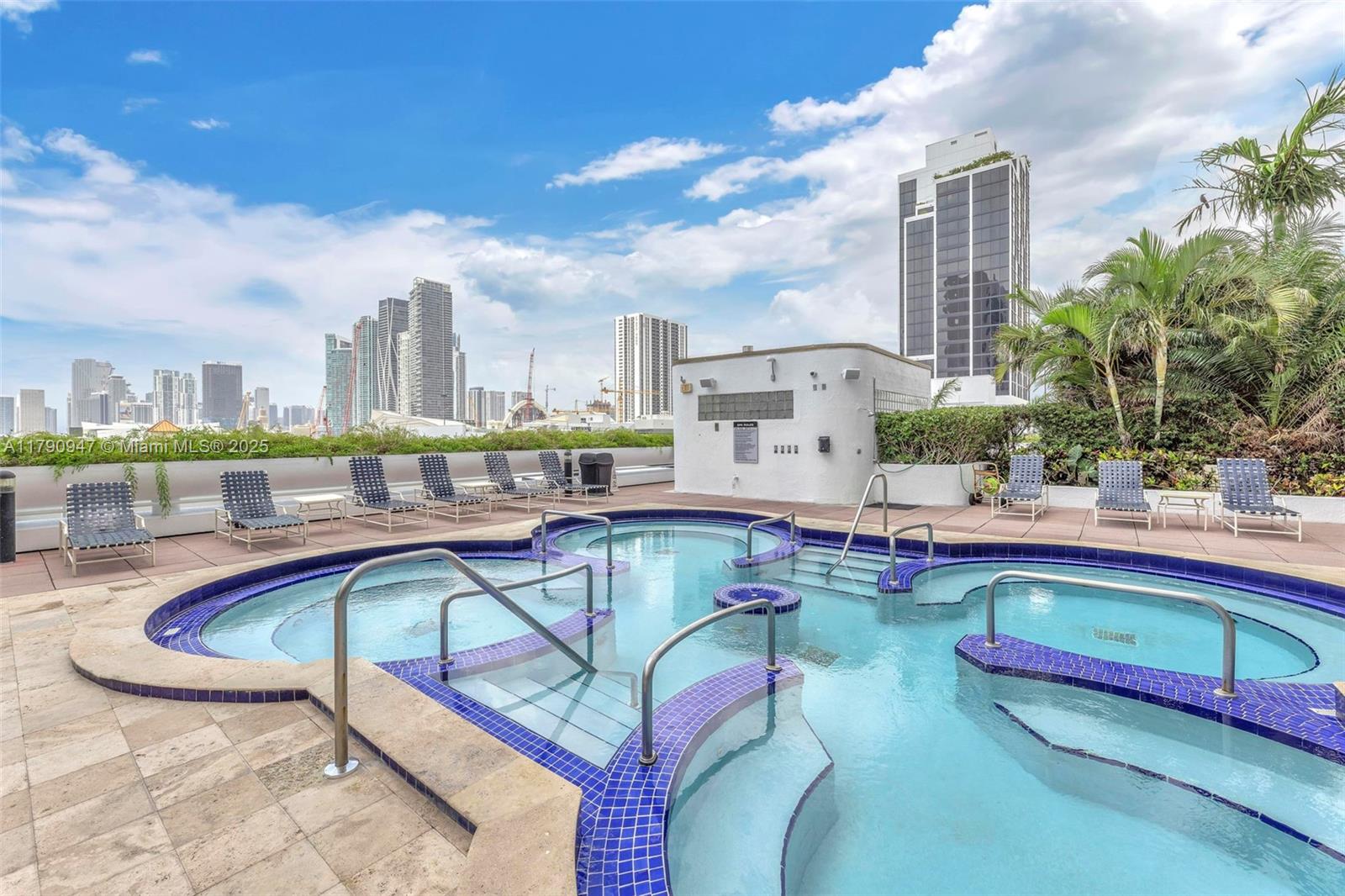 A rooftop swimming pool with blue tile accents overlooks a city skyline — 1717 N Bayshore Dr # 3144, Miami FL 33132, MIAMI, FL