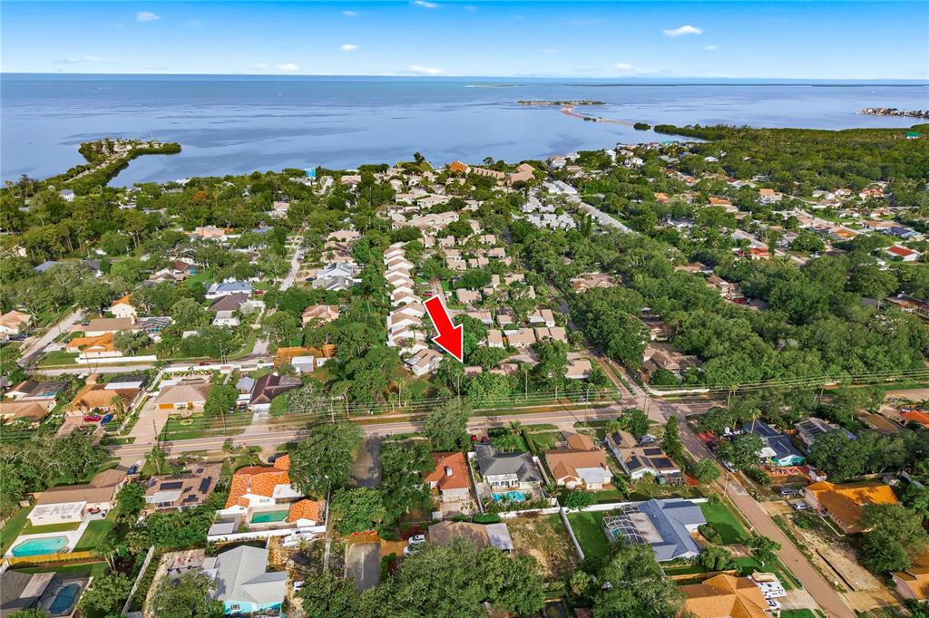 An aerial view shows a residential neighborhood with a red arrow pointing toward a house — 18 WINDRUSH BAY DRIVE, TARPON SPRINGS, FL