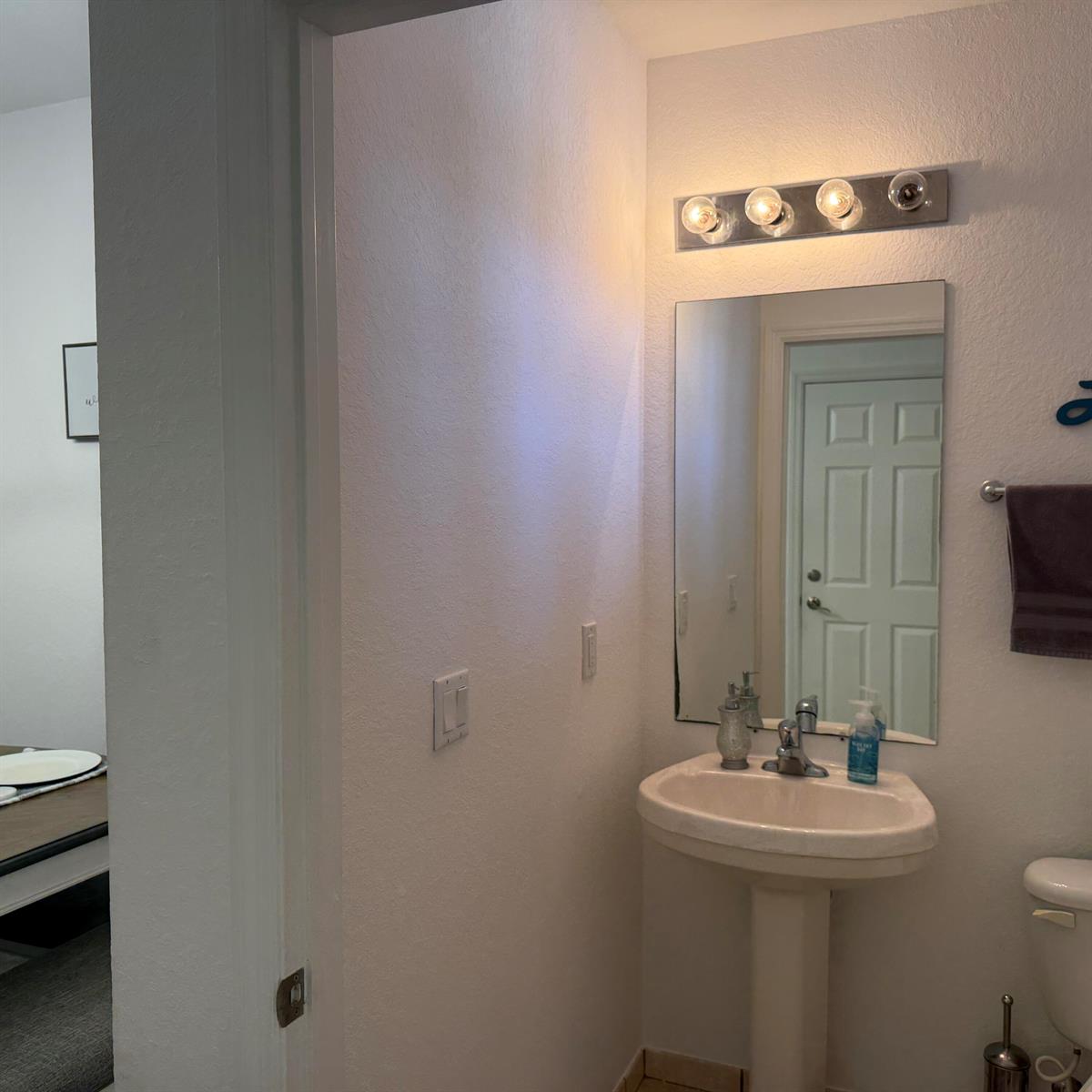 A small bathroom features a pedestal sink, a wall mirror, and a four-bulb vanity light — 976 Abaco Lane, West Palm Beach FL 33404, WEST PALM BEACH, FL