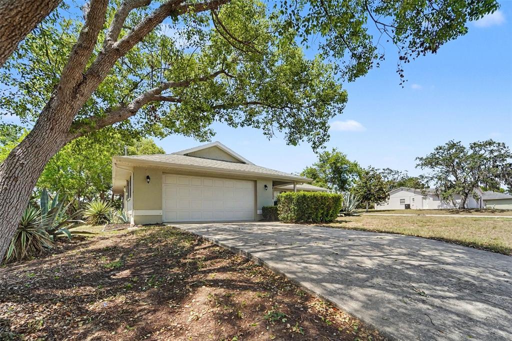 A single-story house with a white garage door and a concrete driveway under large trees — 10161 HEATHCLIFF STREET, SPRING HILL, FL