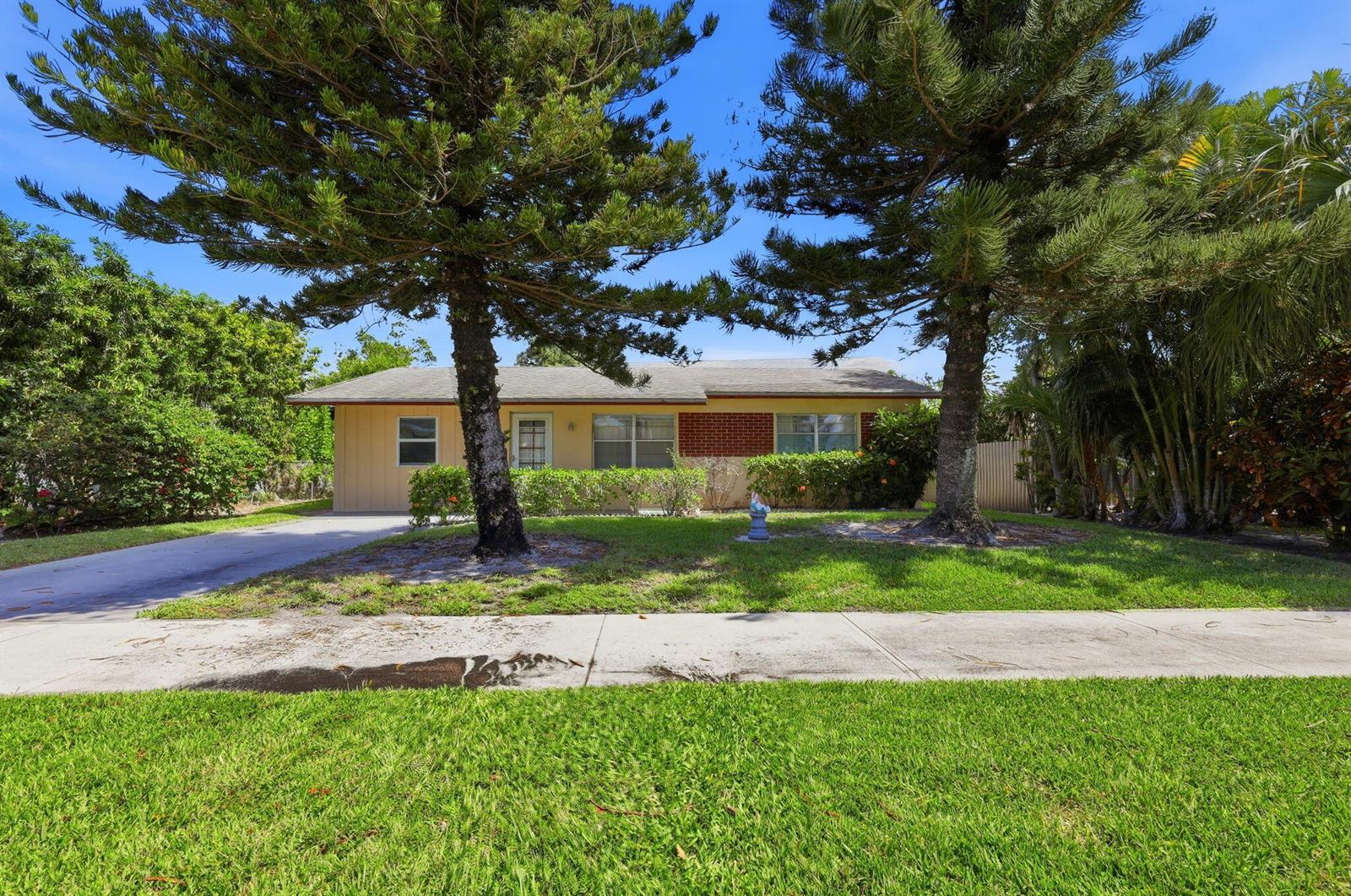 A single-story house with a tan facade, brick accents, and two large pine trees — 115 SE 11th Avenue, Boynton Beach FL 33435, BOYNTON BEACH, FL