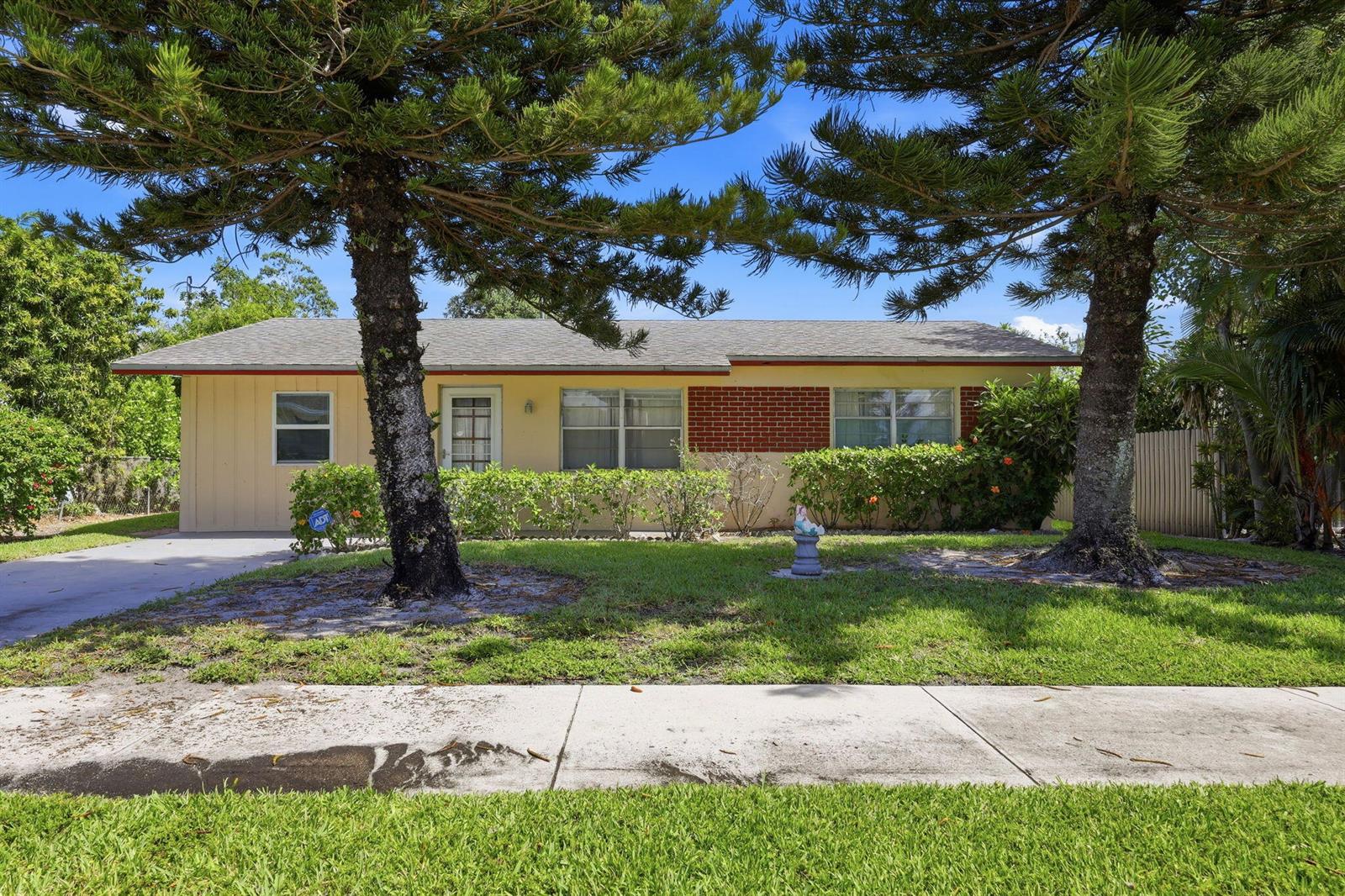 A single-story house with a yellow exterior, brick accents, and two large pine trees — 115 SE 11th Avenue, Boynton Beach FL 33435, BOYNTON BEACH, FL