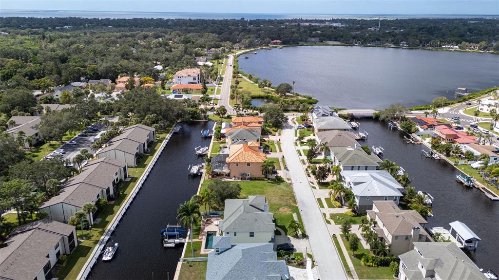 An aerial view shows waterfront homes with boat docks along a canal near a lake — 316 MANATEE LANE, TARPON SPRINGS, FL